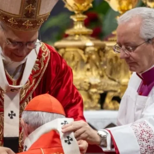 O papa Leão XIV impõe o pálio a um de 54 arcebispos na solenidade de são Pedro e são Paulo na basílica de São Pedro | Daniel Ibáñez/ EWTN
