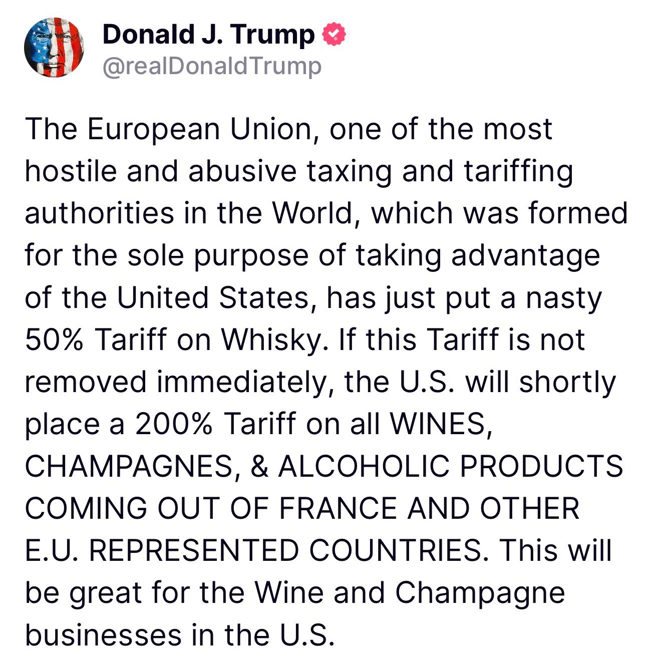 Trump ameaça UE com tarifas de 200% em vinhos e champanhes após tarifa de 50% em uísque Trump ameaça UE com tarifas de 200% em vinhos e champanhes após tarifa de 50% em uísque
