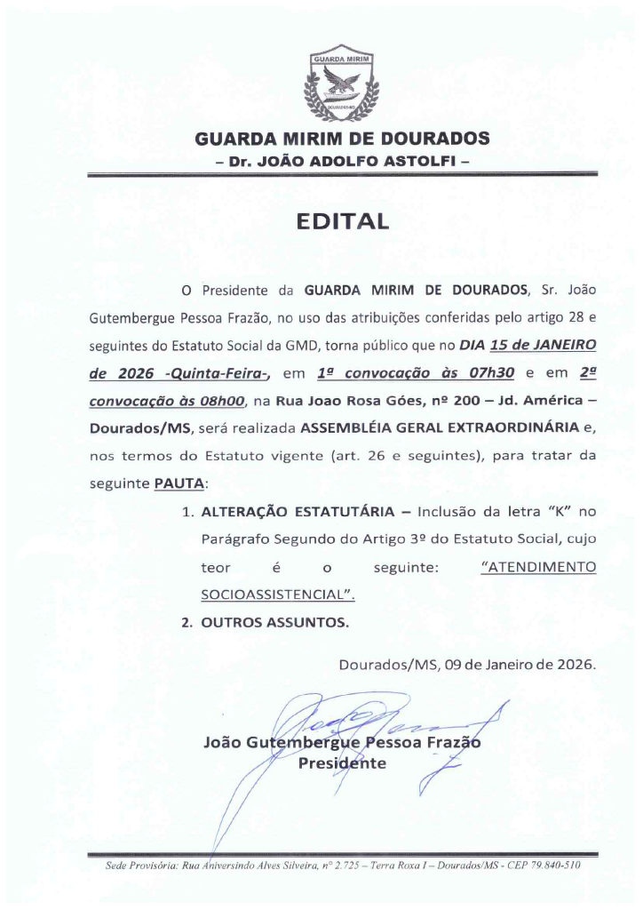 Edital convoca Assembleia Geral Extraordinária para alteração do estatuto