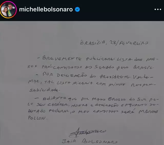 Por carta, Bolsonaro divulga apoio a Pollon para o Senado