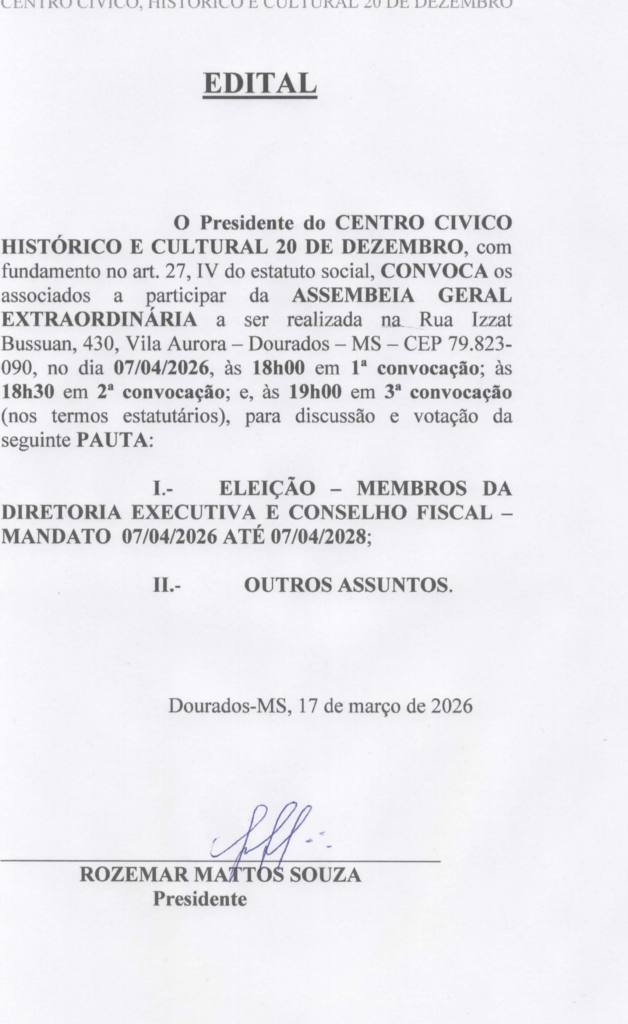 Edital do Centro Cívico Histórico e Cultutal 20 de Dezemvro