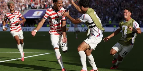 Tillman comemora com seus companheiros o gol marcado pelos Estados Unidos sobre a Bósnia na Copa do Mundo (Foto: Charlotte Wilson/AFP)